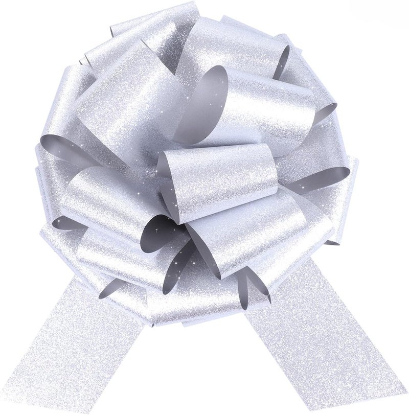 HCHENBOW 12" Large Pull Bows,2pcs Car Bows for Gift Wrapping, Christmas Party Birthday Gift Wedding Ribbon Bows for Bikes, Boxes or Flower Decorations, Valentine's Day Gift Decorations (Silver) - Image 1